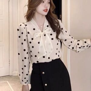 v neck Polka Dot Blouse with Bow Tie long sleeve shirt collared